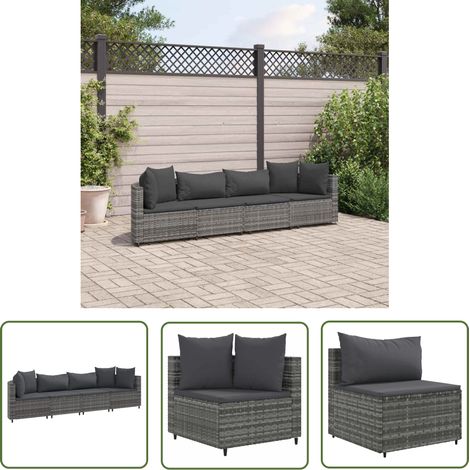 The Living Store 4-tlg. Garten-Sofagarnitur mit Kissen Grau Poly Rattan - Gartenmöbel - Lounge Set - Esszimmergarnitur - Rattan Möbel - Garten Sofa