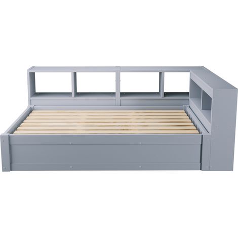 Cama multifuncional 90 x 200 cm con enchufe integrado, almacenaje y LED, gris (1/5)