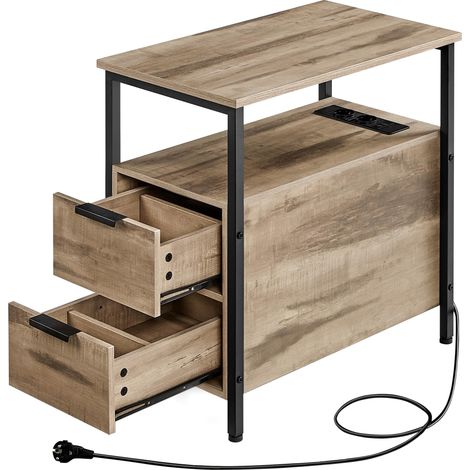 Table D’appoint Avec Multiprise, Petite Et Fine Avec 2 Tiroirs, Table De Chevet Avec Rangement, Pour Salon, Chambre, Marron Camel Et Noir D'encre (1/5)