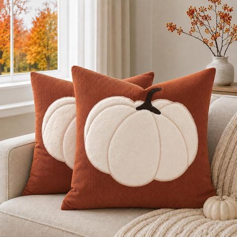 Housse Coussin Automne 40x40 Lot de 2, Housse de Coussin Taies en Doux Décorées d'une Citrouille en Peluche Velours Côtelé, Coussin Decoratif pour Thanksgiving, Housse Coussin Canapé pour Salons (1/5)