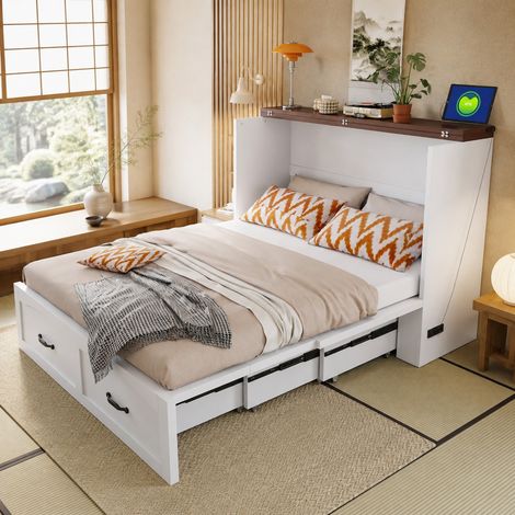 Letto a scomparsa 140 x 200 cm con presa, metallo e legno, bianco HAVRYA (1/5)