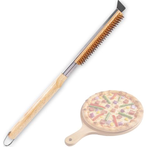 Brosse de Four à Pizza avec Grattoir, Outil de Nettoyage 53 cm, Poils en Laiton Résistants à la Chaleur et Manche en Grille Barbecue, Boispour Pierre à Pizza et Fours Extérieurs (1/5)