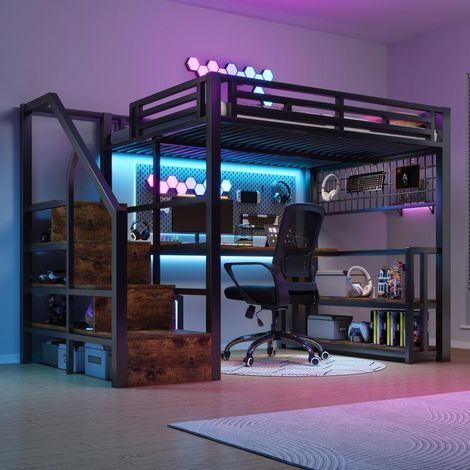 Lit Mezzanine 140x200 avec Bureau, Rangement Escalier & LED - Cadre Métal Noir, Ports USB/Type-C (1/5)