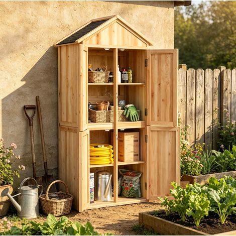 Armadio da giardino 82x50x190 cm in legno naturale con vano esterno FloraGrace (1/5)