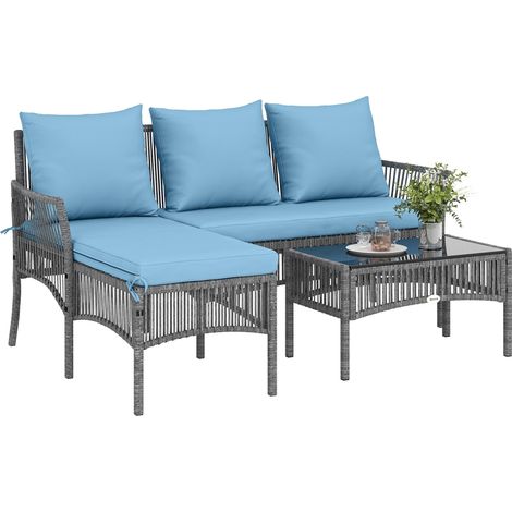 Ensemble de jardin en rotin 3 pièces avec 1 canapé 2 places, 1 canapé d'angle, 1 table basse avec plateau en verre trempé, coussins résistants, bleu clair (1/5)