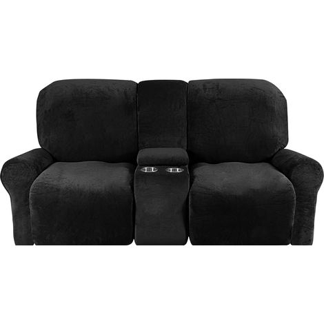 Soft stretch jacquard recliner chair cover with cup holder holes, machine washable furniture protector (2-seater, black) (1/5)
