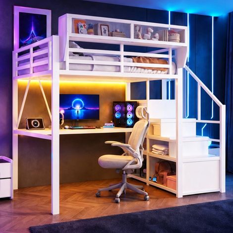 Lit mezzanine (140 x 200 cm), lit en métal avec bande lumineuse LED, bureau long, échelle de sécurité et espace de rangement modulable – lit en métal universel pour adultes et enfants, blanc (1/4)