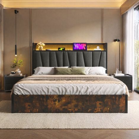 Letto contenitore matrimoniale 180x200 cm con LED, USB e prese, rete a doghe in legno, tessuto grigio, senza materasso (1/5)