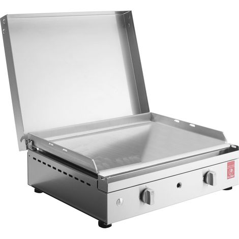 Plancha à gaz 2 brûleurs – Inox 304 alimentaire – Plaque lisse 53x40cm – Puissance 5600W – Couvercle à charnières – Plancha Planet (1/8)