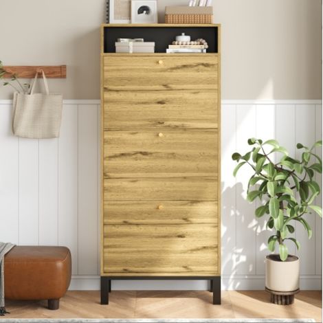 Meuble à chaussures - 63x24x147 cm - Rangements, 3 abattants - MDF et bois - Bois naturel (1/5)