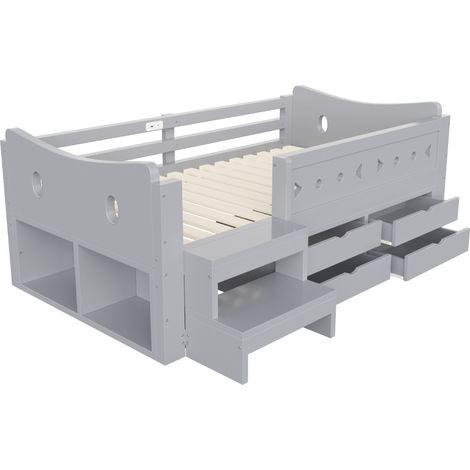 Kinderbett 90x200 cm mit Stauraum, Schubladen, LED, USB und Typ-C, Holz, Grau (1/5)