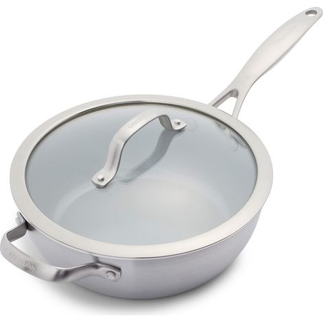 GreenPan Venice Pro Tri-Ply,Acciaio Inox Ceramico antiaderente 24 cm/3.4 L, Padella con Manico e Coperchio, senza PFAS, a induzione, lavabile in Lavastoviglie, adatto al Forno, Argento (1/4)