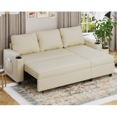 Ecksofa mit Schlaffunktion, Bettkasten und Veloursbezug, L-Form, 200cm, Beige (1/5)