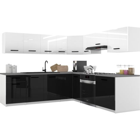 Belini ITALIA 7 Cuisine Equipée Modulaire Complète - 420 cm. Meubles Hauts Bas avec Plan de Travail, Blanc Très Brillant/Noir Très Brillant