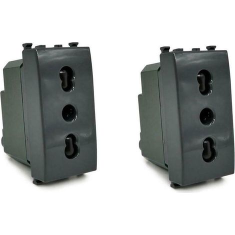 Kit di 2 Prese bipasso bivalente 10-16A compatibile con vimar plana presa elettrica a muro spina nero (1/4)