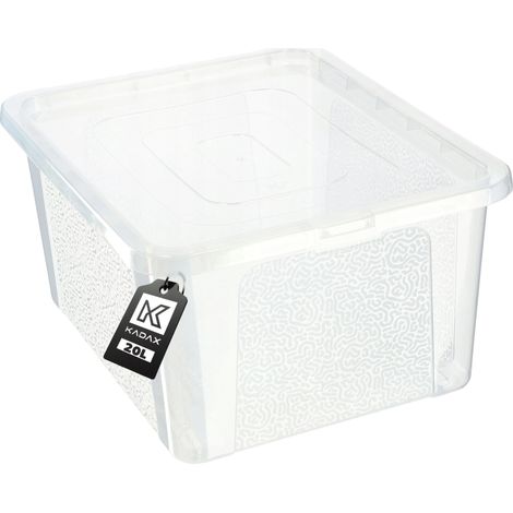 Contenedor de almacenamiento de plástico, capacidad de 20 litros, diseño rectangular, tapa con cierre seguro, apto para diversos artículos, disponible en color transparente o negro. (1/5)