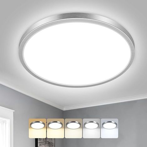 Plafonnier LED, 18W 1800LM Luminaire Plafonnier Salle de Bain, IP54 Etanche & 5 Couleurs(3000K/3500K/4000K/5000K/6500K), Lampe Plafond Rond pour Cuisine, Chambre, Couloir, Garage Nickel (1/5)
