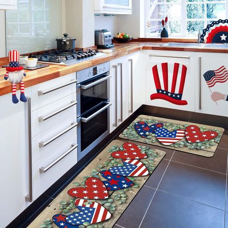 Tapis De Cuisine - 2 Pièces - Motif Étoiles Et Rayures - En Polyester Avec Semelle En Caoutchouc Recyclé Non Glissante - 38 X 61 Cm Et 38 X 120 Cm (1/3)