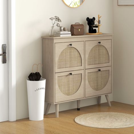 Schuhschrank mit 4 Klapptüren, Platz für 20 Paar Schuhe, verstellbarer Einlegeboden, im Bohème-Stil, Beine aus Massivholz, 105 x 24 x 97,5 cm, naturbelassen