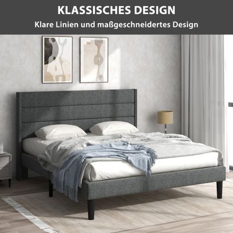 MINKUROW Letto Imbottito 140 X 200 Cm, Giroletto Con Rete A Doghe E Testiera, Letto Matrimoniale Imbottito, Rivestimento In Tessuto Di Lino Grigio Scuro, Design Moderno Senza Tempo, Letto Adolescente (1/5)