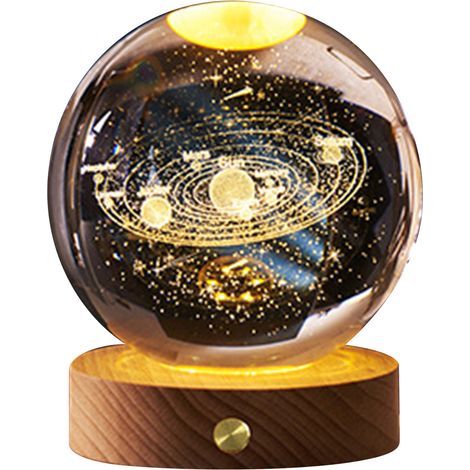 3D Crystal Ball Night Light, Rechargeable Battery, Soft Multifunctional Lamp with Wooden Base, for Home, Bedroom, Solar System (1/5)