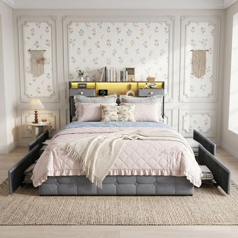 Lit avec tiroirs 140x190 cm Velours Gris - Lit 2 personne capitonné, LED et USB Intégrés - 4 Tiroirs, Sommier à Lattes Inclus, Scandinave
