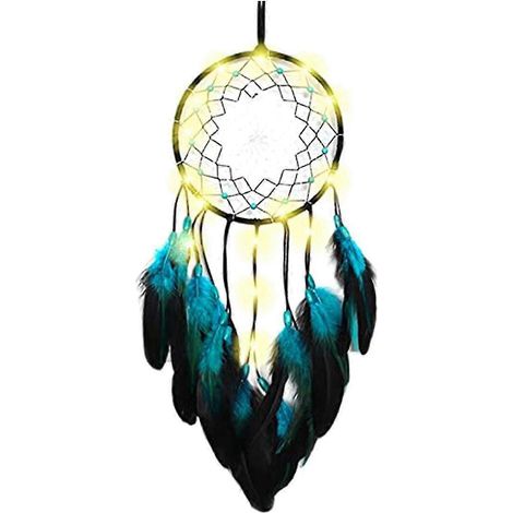 1 attrape-rêves bleu en forme d'arbre avec plumes et lampe LED, filet circulaire traditionnel indien fait main pour décoration murale (1/5)