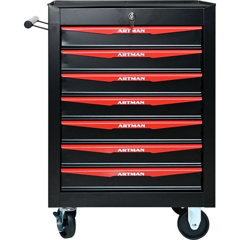 Servante d’atelier 7 tiroirs en acier noir et rouge, verrouillable, sur roulettes avec guides à billes et poignée latérale, pour garage et atelier CHICFURN (1/5)