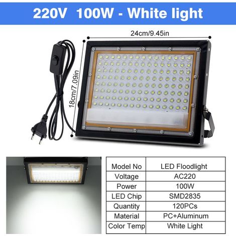 Projecteur LED extérieur 100 W, étanche IP65, 220 V CA / 12 V CC, lumière de projection blanche, prise européenne