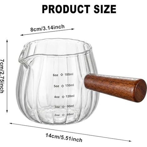 Verre Doseur Expresso avec Poignée en Bois, Pichet à Lait en Verre Borosilicate Résistant à la Chaleur, Tasse à Mesurer Gradué avec Bec en V, Design Côtelé Élégant pour Café, Barista, Cuisine (1/4)