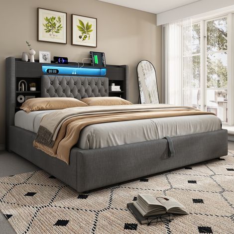 Lit rembourré en lin, lit coffre double adulte 140 x 200 cm avec coffre hydraulique, LED, USB et Type-C, sommier inclus, sans matelas, Gris (1/5)