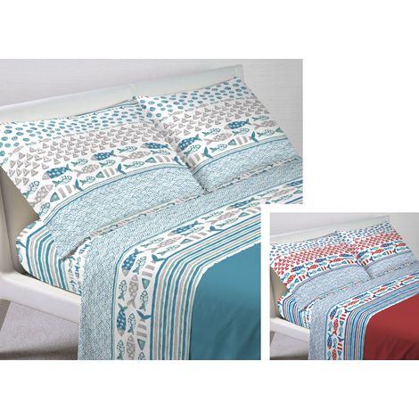 Completo Lenzuola Letto In 100% Cotone Made Italy Disegno Marino Pesci, misuraPiazza E MezzacoloreAzzurro (1/5)