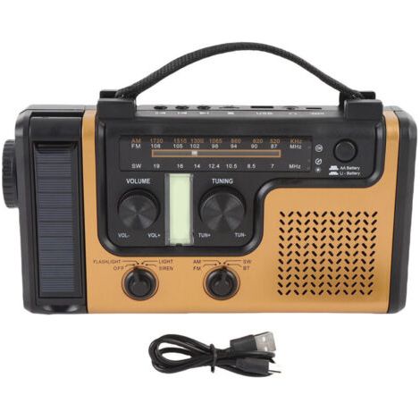 QORVA- Radio d'urgence solaire Bluetooth 5.0, manivelle Portable AM FM SW avec lampe de poche, alarme SOS, chargeur de téléphone portable pour intérieur et extérieur (1/4)