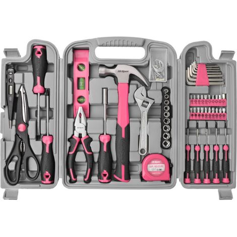 Coffret de bricolage rose de 54 pièces pour femme, bureau et garage. Kit complet d'outils de base pour la maison.