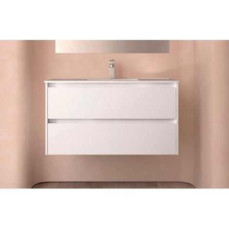 Noja Meuble sous-lavabo 1000 2 tiroirs + Lavabo Blanc brillant (1/4)