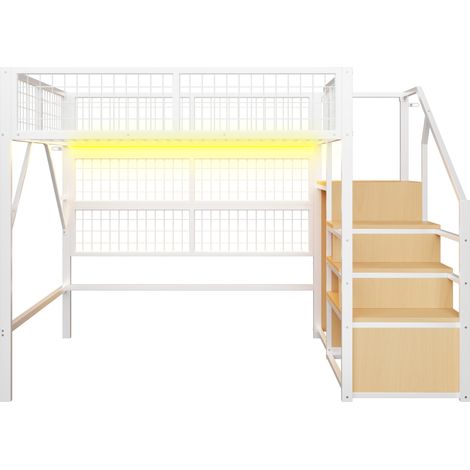 Letto a soppalco in metallo bianco 140 x 200 cm con LED, scala contenitore e guardaroba (1/5)