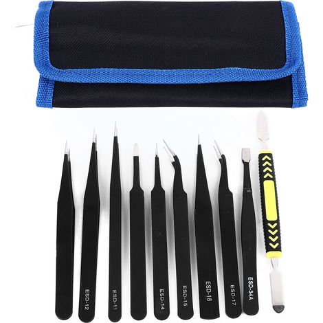 10 pinces de précision en acier inoxydable, lot de 10 avec embouts coudés pour soudure et travail artisanal, livré avec pochette de rangement (1/5)