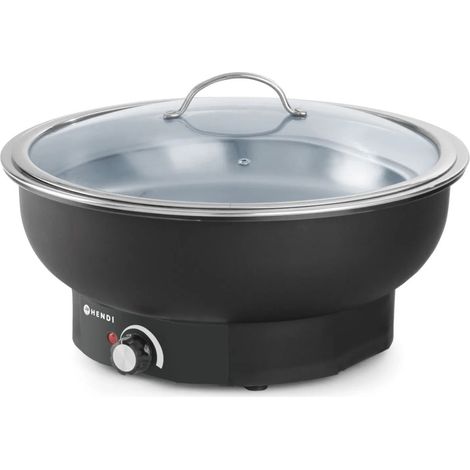 HENDI Chafing Dish Elettrico Pollina, Mantenitore di Calore per Buffet, Bain-Marie con Coperchio in Vetro, fino a 85°C, Contenitore per Alimenti 6,8L Incluso, 230V, 500W, ø405x(H)248mm, Inox, PP