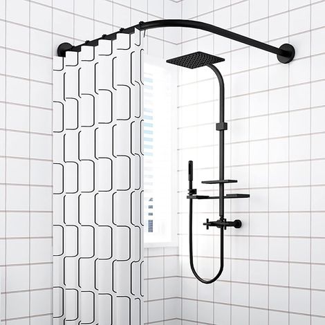 Barre de Douche Extensible Angle L Noir - Tringle à Rideau Fixation Murale sans Percer - 90 à 130cm x 90 à 130cm (1/5)