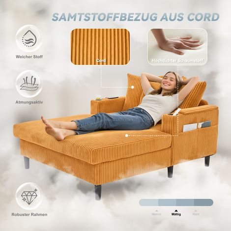 Salon multifonction velours côtelé avec chaise longue. Porte-gobelets,éclairage LED,rangement et port USB,pieds robustes polyvalents.