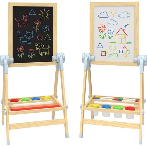 Cavalletto per Bambini Doppia Lavagna per Gesso e Pennarelli, Lavagnetta Magnetica e Rotolo di Carta, Legno