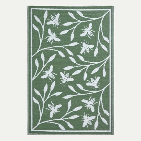 HOMESCAPES Green Floral Outdoor Rug with Bumble Bee Design, 182 x 122 cm