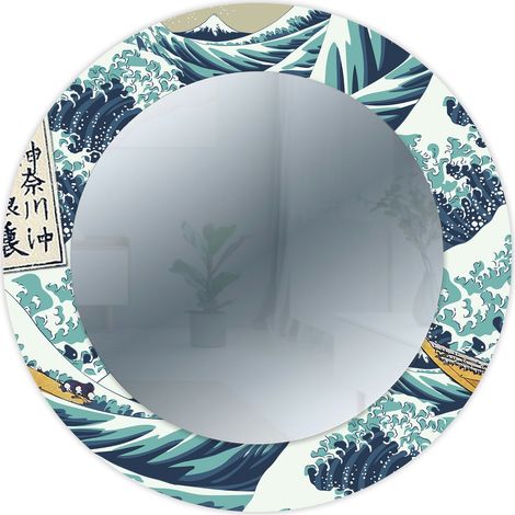 Lupia - Specchio da Parete Rotondo, MIRROR FANTASY THE GREAT WAVE OFF KANAGAWA, Cornice Stampata in Legno, Design Moderno e Decorativo, Ideale per Camera, Soggiorno, Ingresso, diametro 65 cm (1/4)