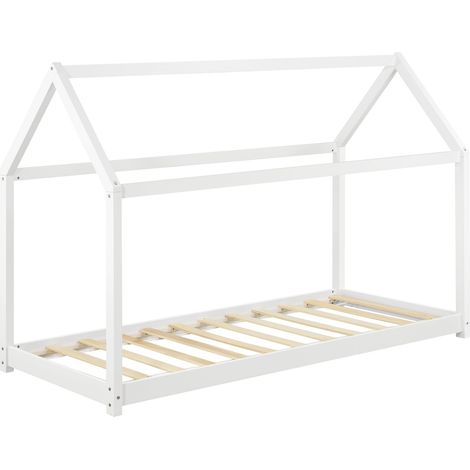 Cama infantil en forma de casita de madera de pino con somier de láminas 80x160 cm blanco 030005542