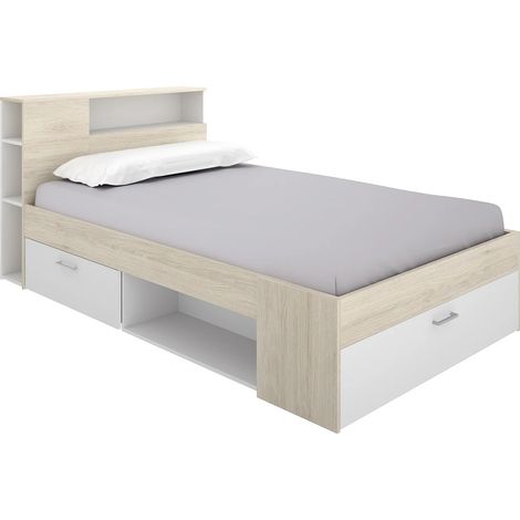 Vente-Unique – Lit avec tiroirs 120 x 190 cm – Tête de lit avec rangements – Panneau mélaminé blanc et naturel – Éco-responsable fabriqué en Europe (1/5)