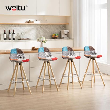WOLTU 4X Taburete de Bar con Respaldo Marco de Madera Maciza Muebles Cocina Taburete Alto para Cocina Bar, Tela, Multicolor