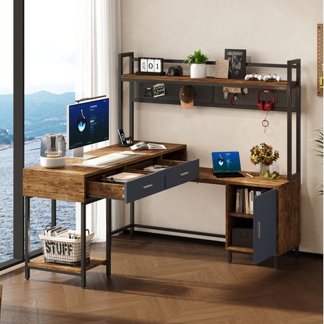 Bureau d'angle avec rangement, tiroirs et étagères, structure métal, 140x140x135 cm, MDF noir et bois naturel (1/5)