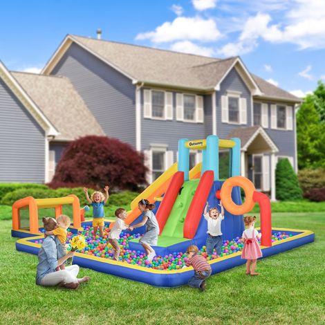 Château gonflable enfants 3 à 8 ans toboggan mur porte panier en tissu Oxford - Dimensions: 590x460x220 cm
