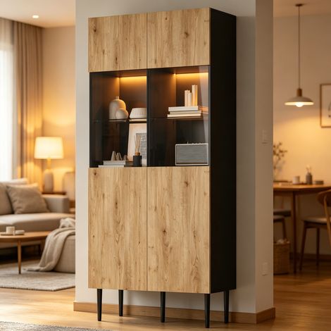 Tkopy - Vitrine d'éclairage LED, Vitrine en verre, Vitrine Salon, Buffet haut Vitrine, Équipé de 10 compartiments de rangement et d'une porte vitrée, 80 × 35 × 180 cm, couleur bois naturel + noir