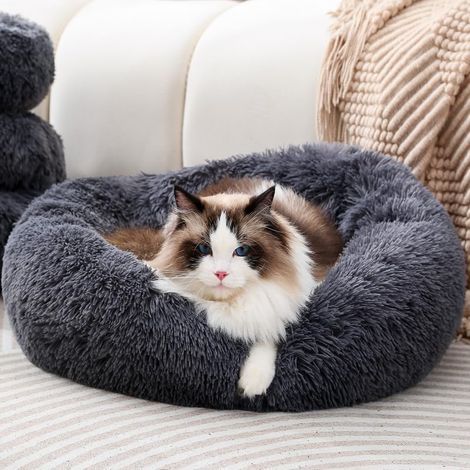 1 - Lit Rond Chien - Lit Donut Chat - Coussin Peluche Confortable Avec Fond Antidérapant Pour Petit Animal Domestique Gris 43x43x12 Cm (1/5)